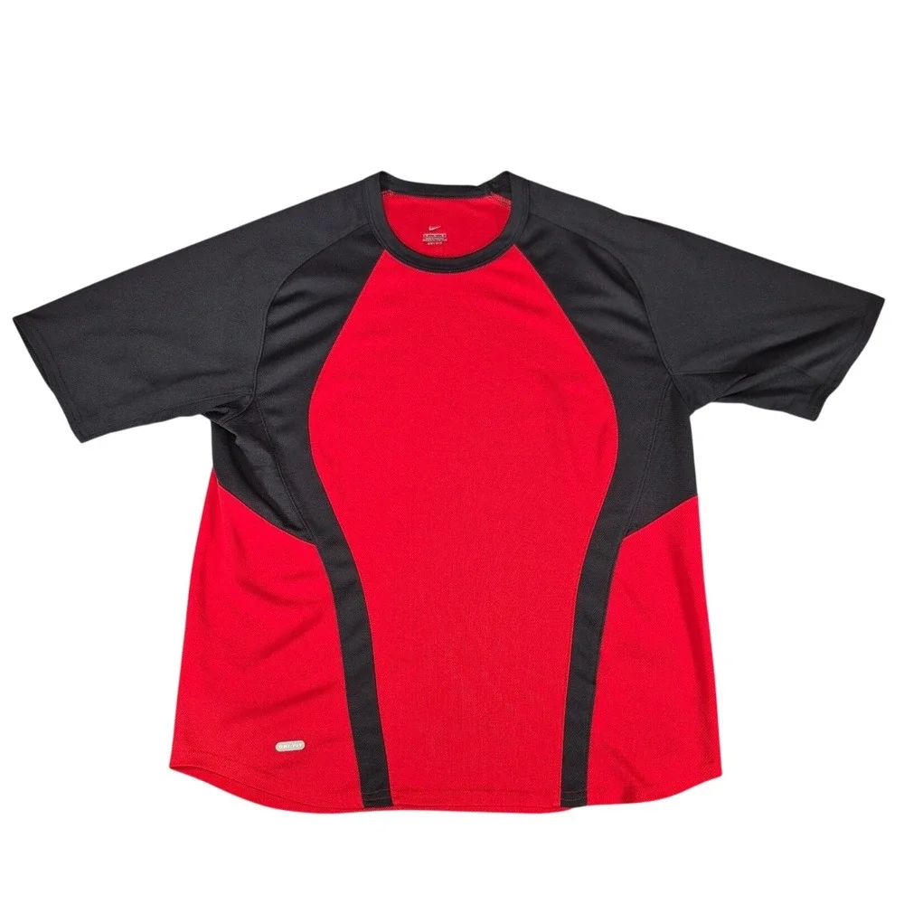 Nike Mens Dri-FIT Athletic T-Shirt Large Red Black Colorblock Training Tee